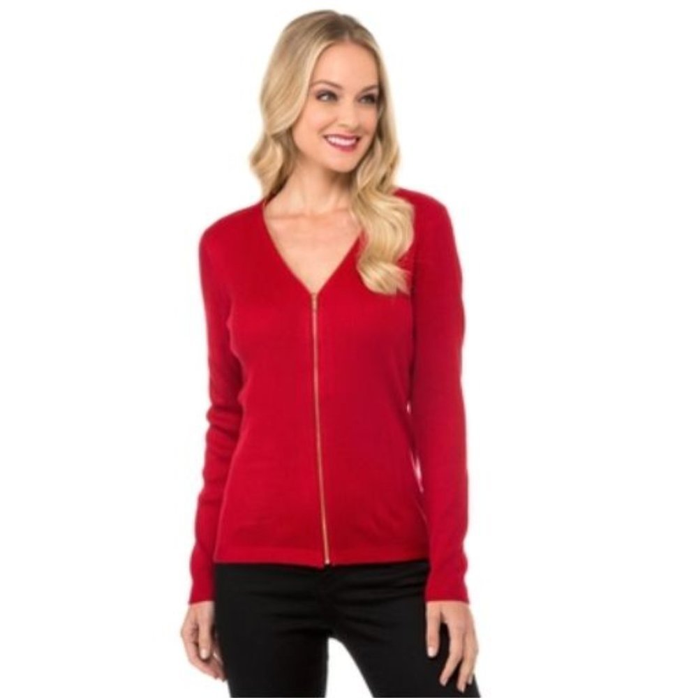 083 CALVIN KLEIN Red Ribbed Knit V-Neck Zip Front Cardigan Sweater sz S Women's - Picture 3 of 13